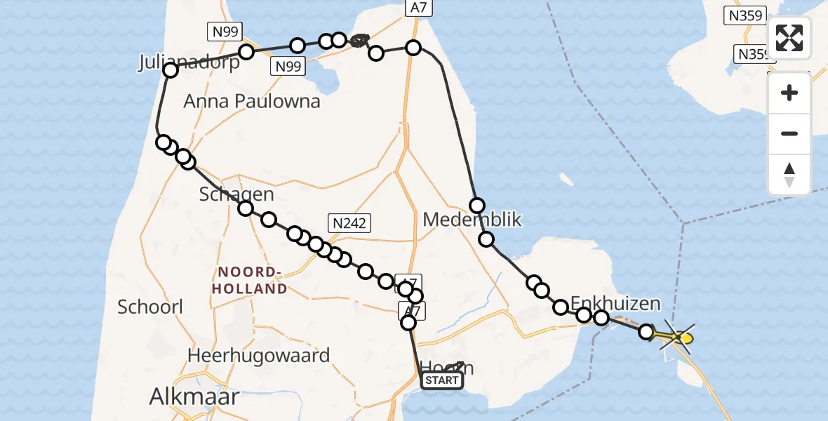 Routekaart van de vlucht: Politiehelikopter naar Urk