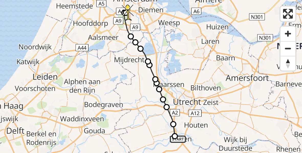 Routekaart van de vlucht: Lifeliner 1 naar VU Medisch Centrum Amsterdam