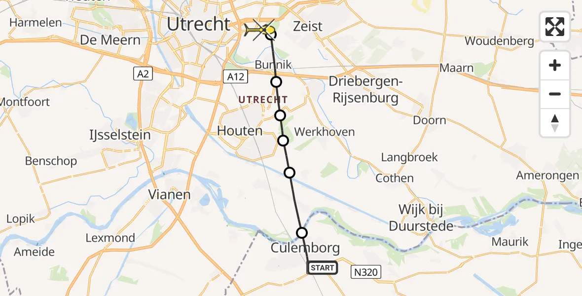 Routekaart van de vlucht: Lifeliner 3 naar Universitair Medisch Centrum Utrecht