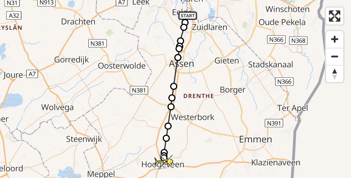 Routekaart van de vlucht: Lifeliner 4 naar Hoogeveen