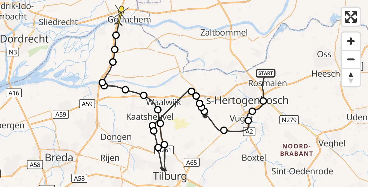 Routekaart van de vlucht: Politieheli naar Gorinchem