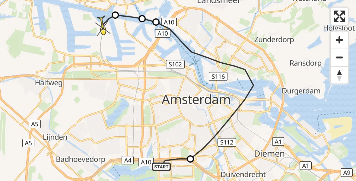 Routekaart van de vlucht: Lifeliner 1 naar Amsterdam Heliport