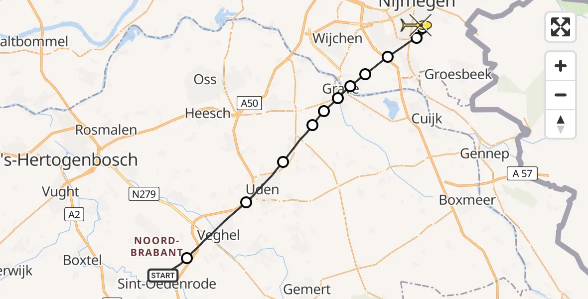 Routekaart van de vlucht: Lifeliner 3 naar Radboud Universitair Medisch Centrum