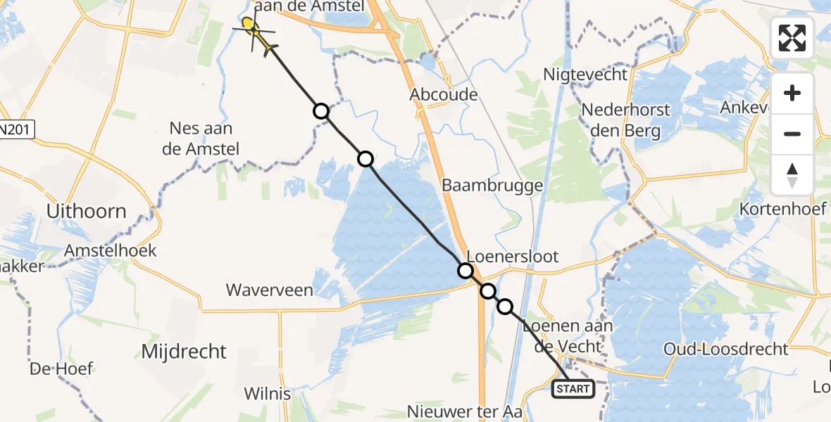 Routekaart van de vlucht: Politieheli naar Ouderkerk aan de Amstel