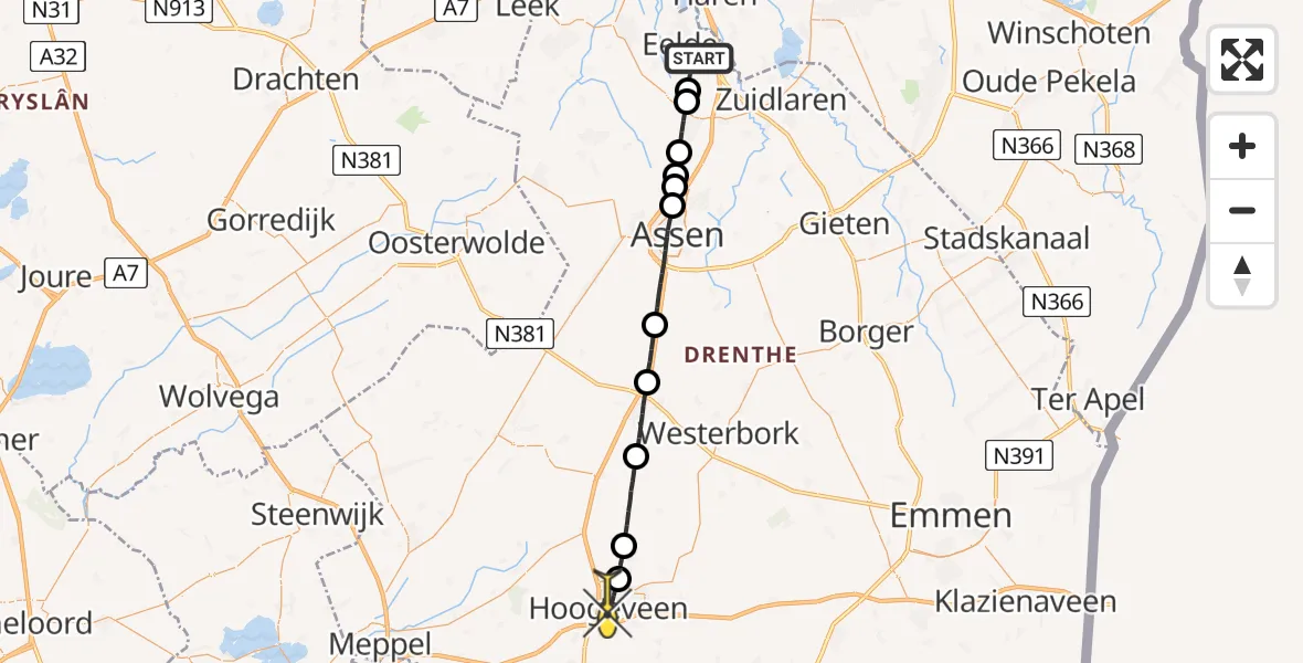 Routekaart van de vlucht: Lifeliner 4 naar Hoogeveen