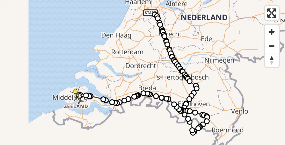 Routekaart van de vlucht: Politieheli naar Vliegveld Midden-Zeeland