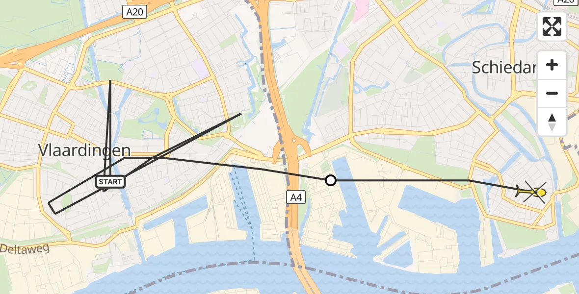 Routekaart van de vlucht: Politiehelikopter naar Schiedam