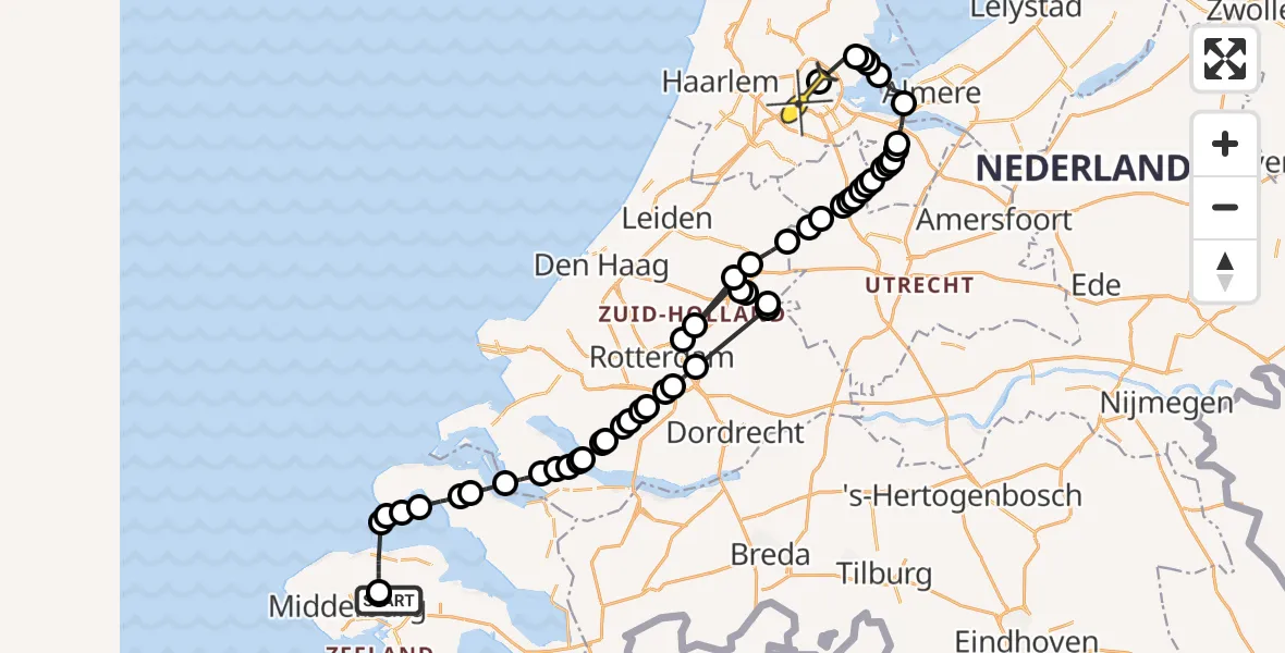 Routekaart van de vlucht: Politieheli naar Amsterdam