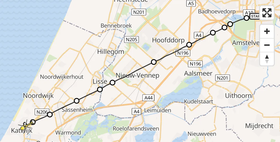 Routekaart van de vlucht: Lifeliner 1 naar Katwijk