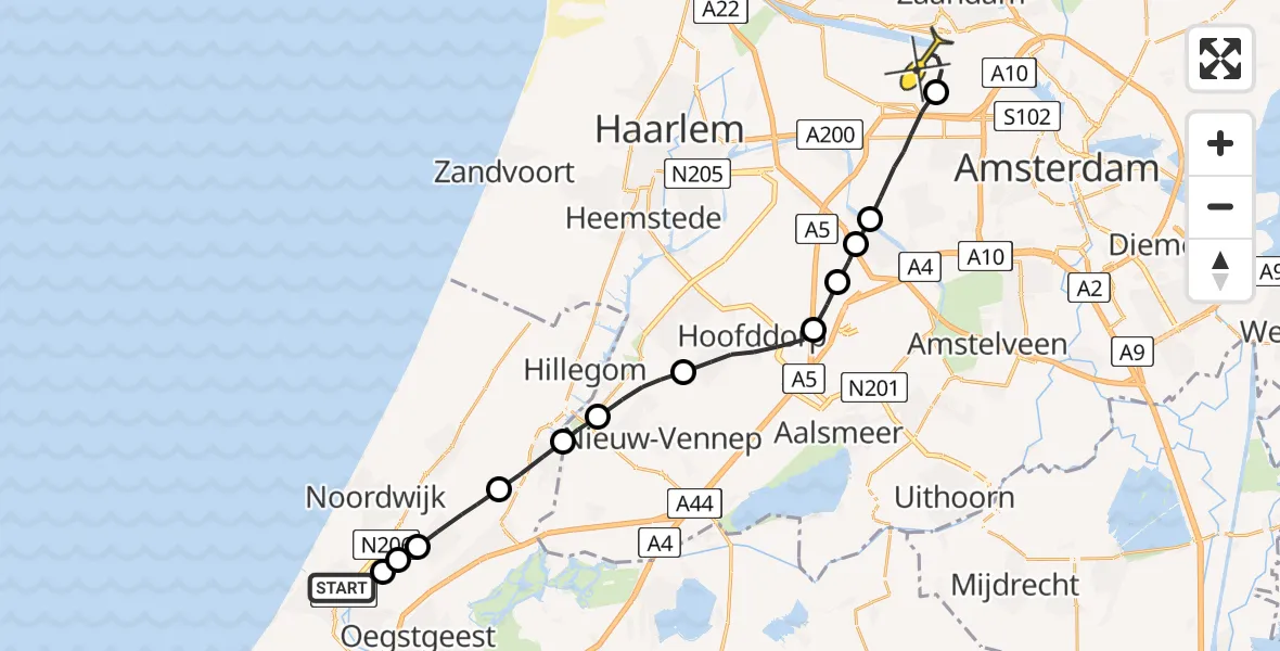 Routekaart van de vlucht: Lifeliner 1 naar Amsterdam Heliport