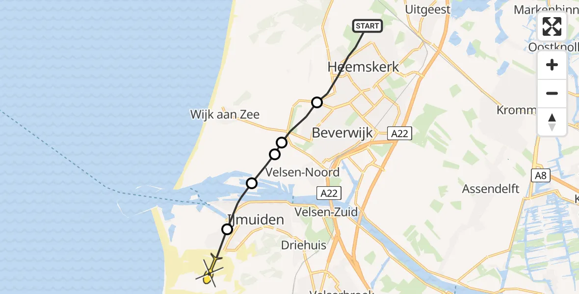 Routekaart van de vlucht: Politieheli naar IJmuiden