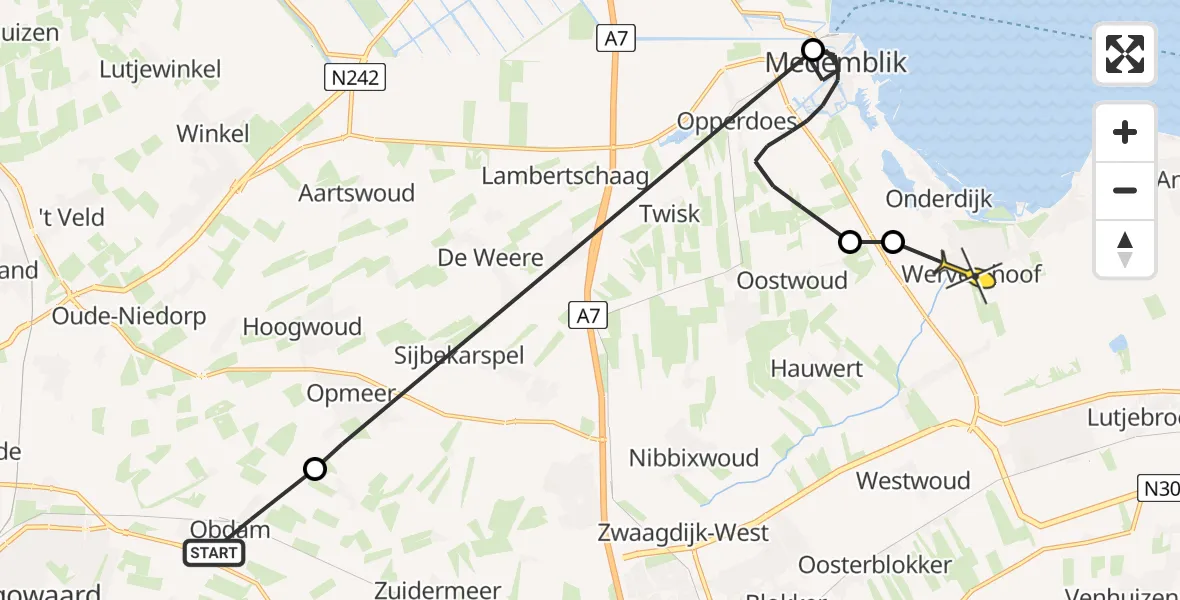 Routekaart van de vlucht: Politieheli naar Wervershoof
