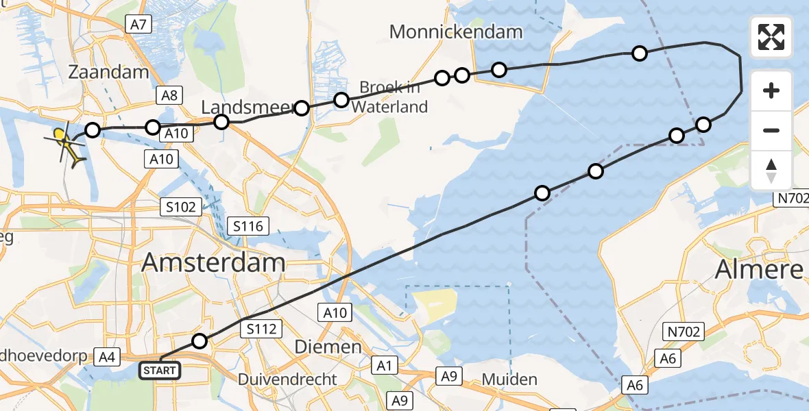 Routekaart van de vlucht: Lifeliner 1 naar Amsterdam Heliport