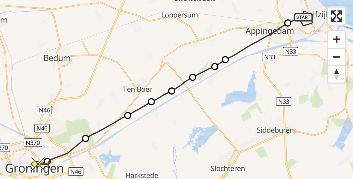 Routekaart van de vlucht: Lifeliner 4 naar Universitair Medisch Centrum Groningen