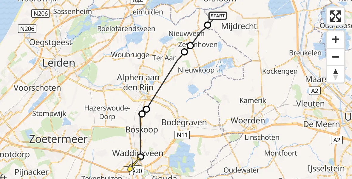 Routekaart van de vlucht: Politieheli naar Waddinxveen