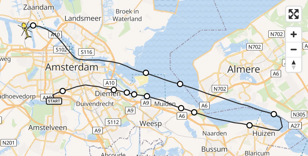 Routekaart van de vlucht: Lifeliner 1 naar Amsterdam Heliport