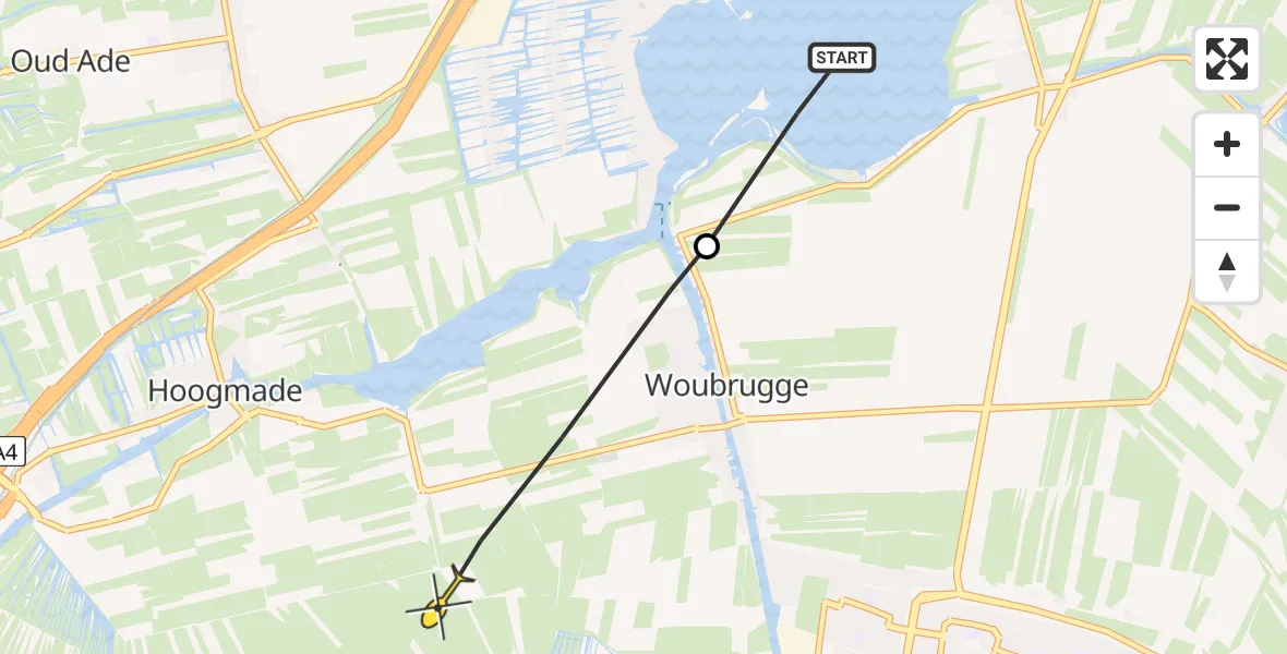 Routekaart van de vlucht: Politiehelikopter naar Koudekerk aan den Rijn