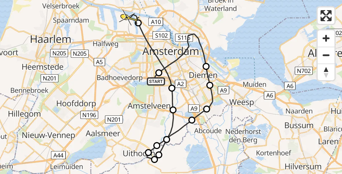 Routekaart van de vlucht: Lifeliner 1 naar Amsterdam Heliport