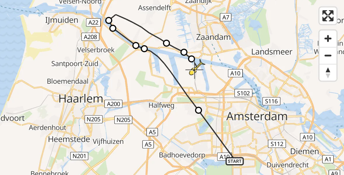 Routekaart van de vlucht: Lifeliner 1 naar Amsterdam Heliport