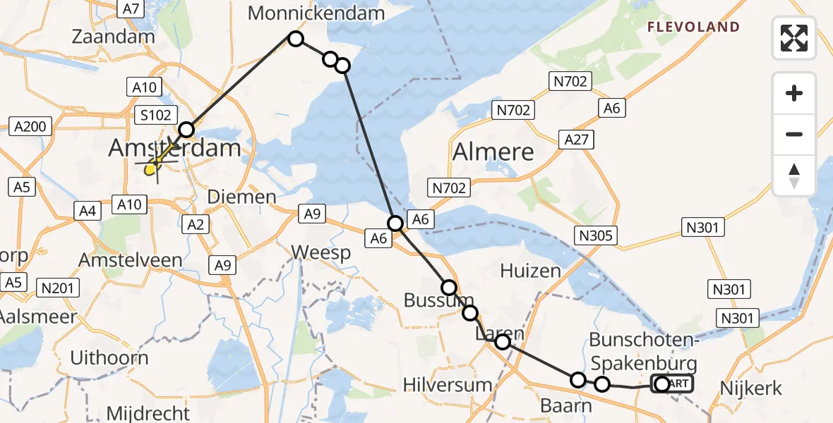 Routekaart van de vlucht: Politieheli naar Amsterdam