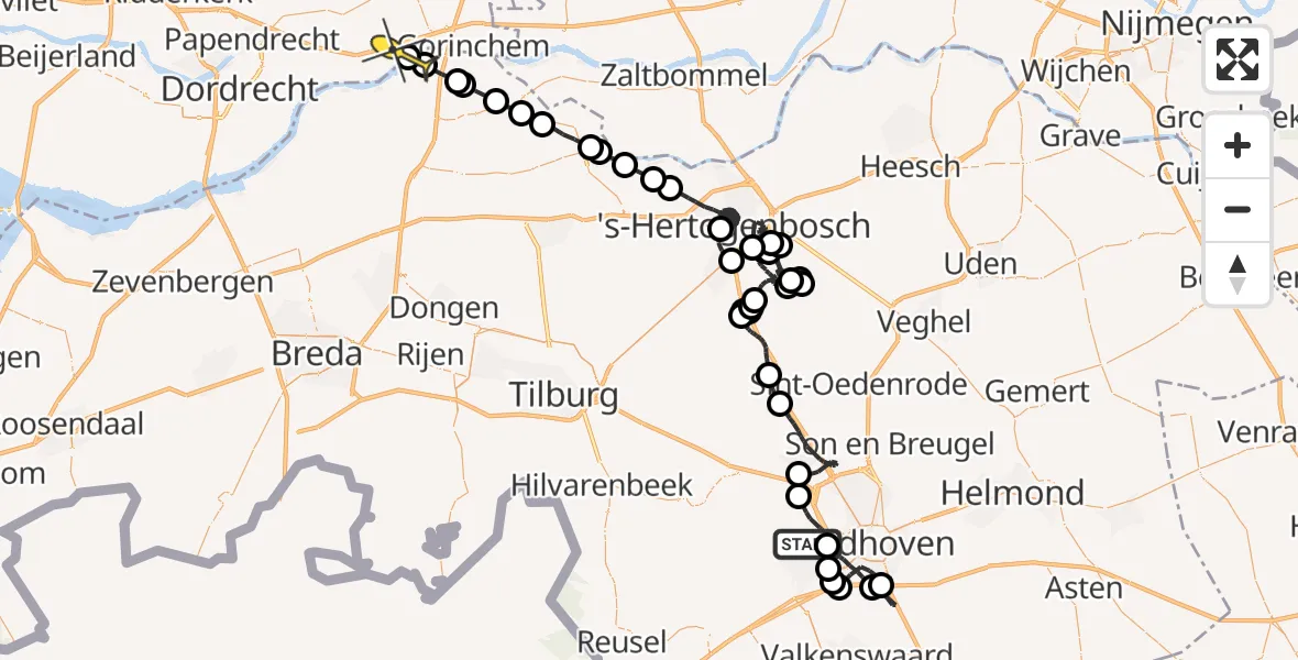 Routekaart van de vlucht: Politieheli naar Hardinxveld-Giessendam