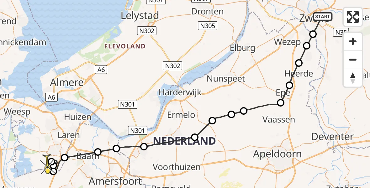 Routekaart van de vlucht: Traumaheli naar Vliegveld Hilversum