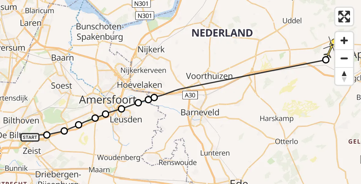 Routekaart van de vlucht: Politieheli naar Hoog Soeren