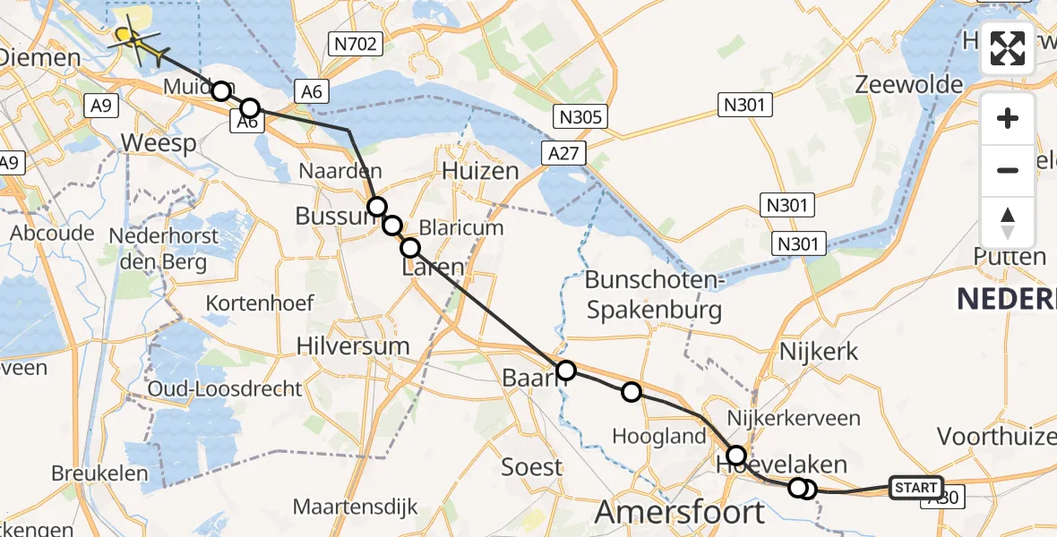 Routekaart van de vlucht: Politieheli naar Diemen