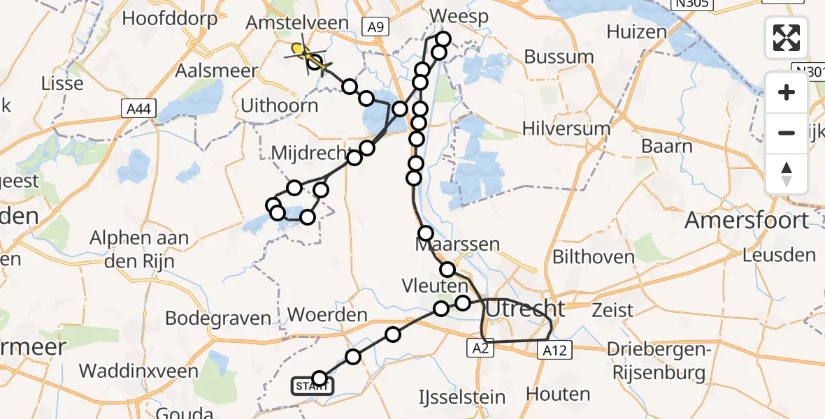 Routekaart van de vlucht: Politieheli naar Amstelveen