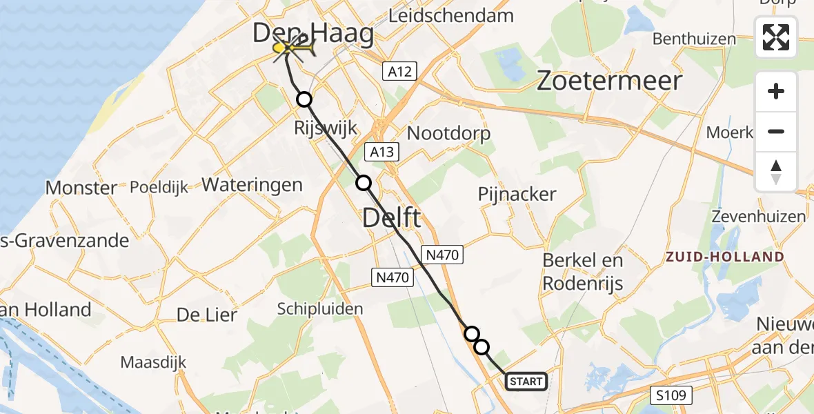 Vluchtroute Traumahelikopter van Rotterdam The Hague Airport naar Den Haag