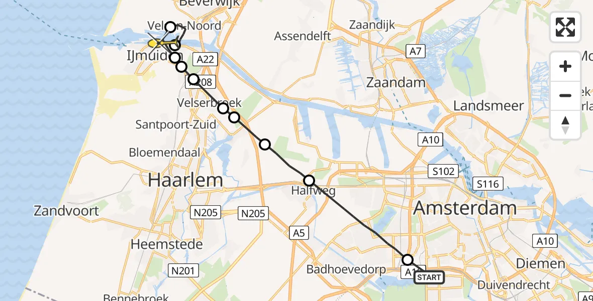 Routekaart van de vlucht: Lifeliner 1 naar IJmuiden