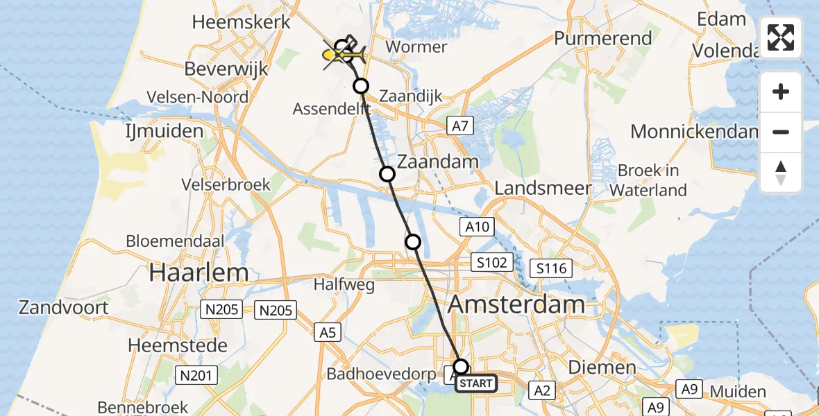 Routekaart van de vlucht: Lifeliner 1 naar Assendelft