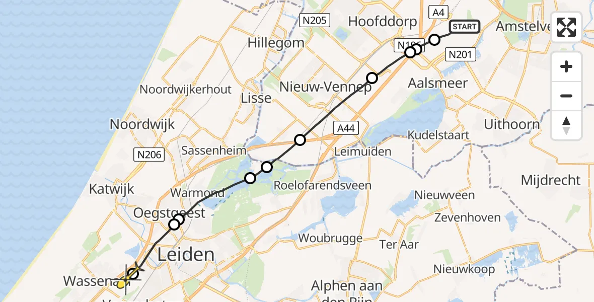 Routekaart van de vlucht: Politieheli naar Wassenaar