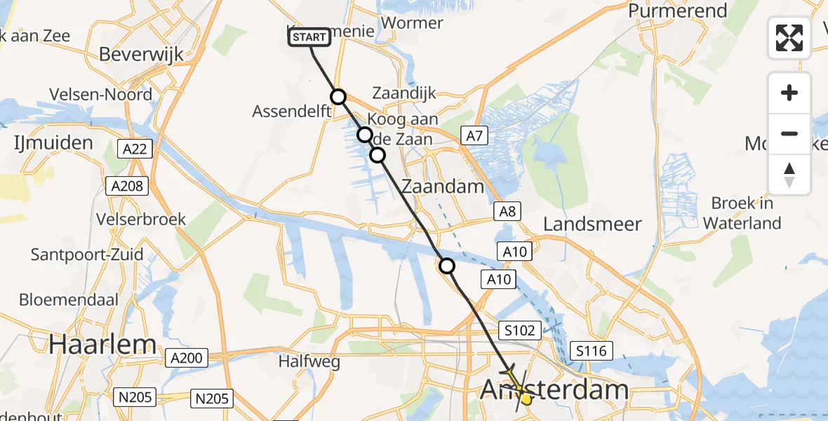 Routekaart van de vlucht: Lifeliner 1 naar Amsterdam