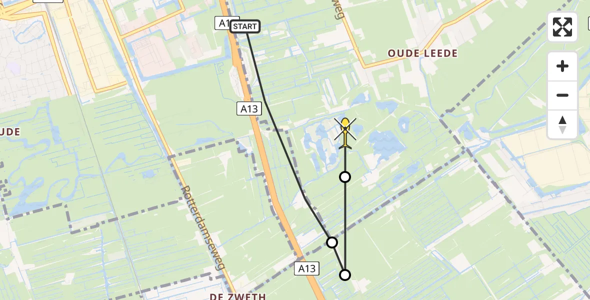 Routekaart van de vlucht: Politiehelikopter naar Delfgauw