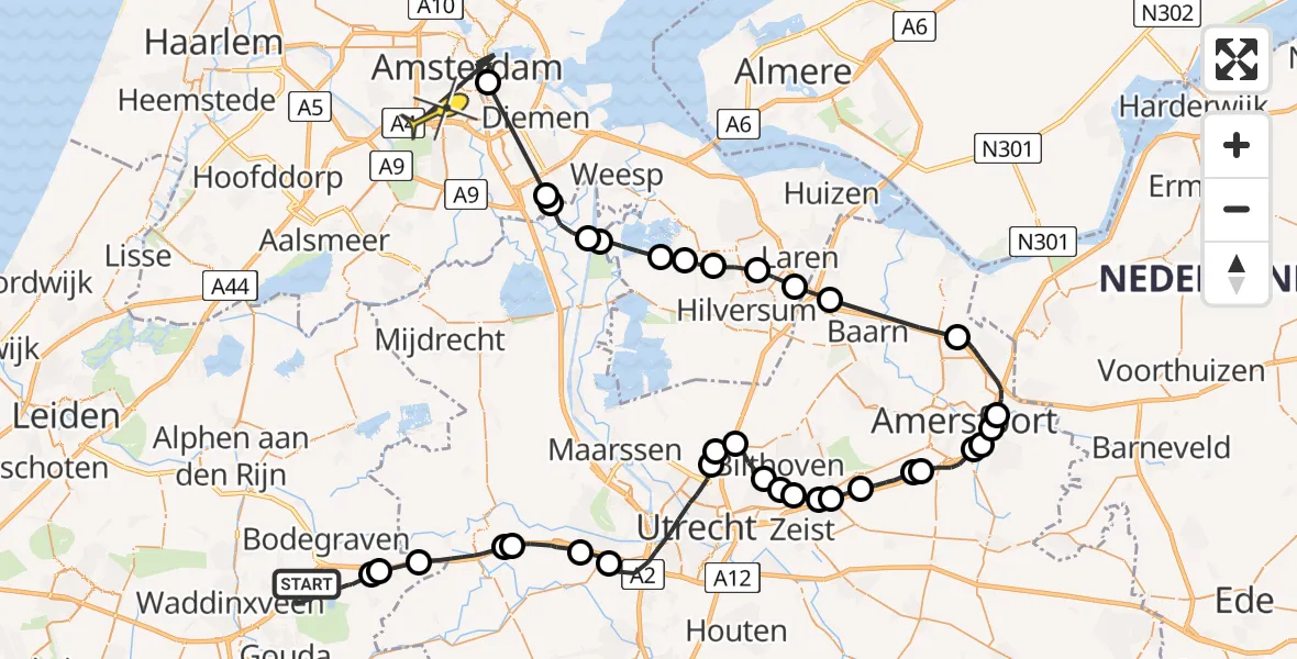 Routekaart van de vlucht: Politieheli naar VU Medisch Centrum Amsterdam