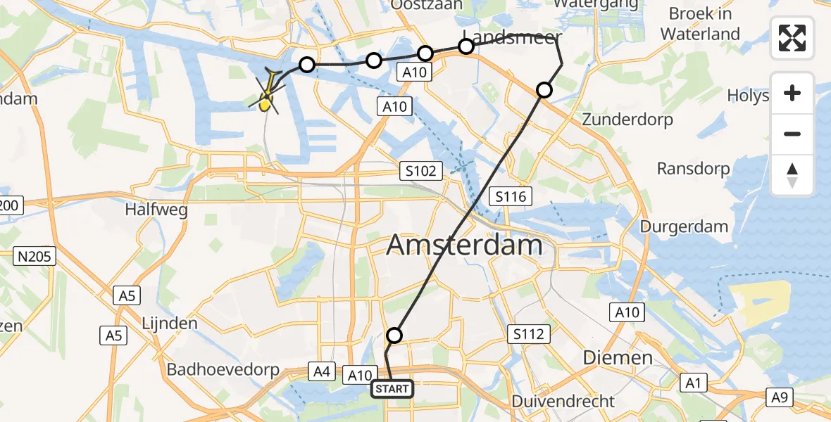 Routekaart van de vlucht: Lifeliner 1 naar Amsterdam Heliport