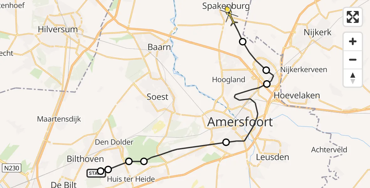 Routekaart van de vlucht: Politieheli naar Bunschoten-Spakenburg