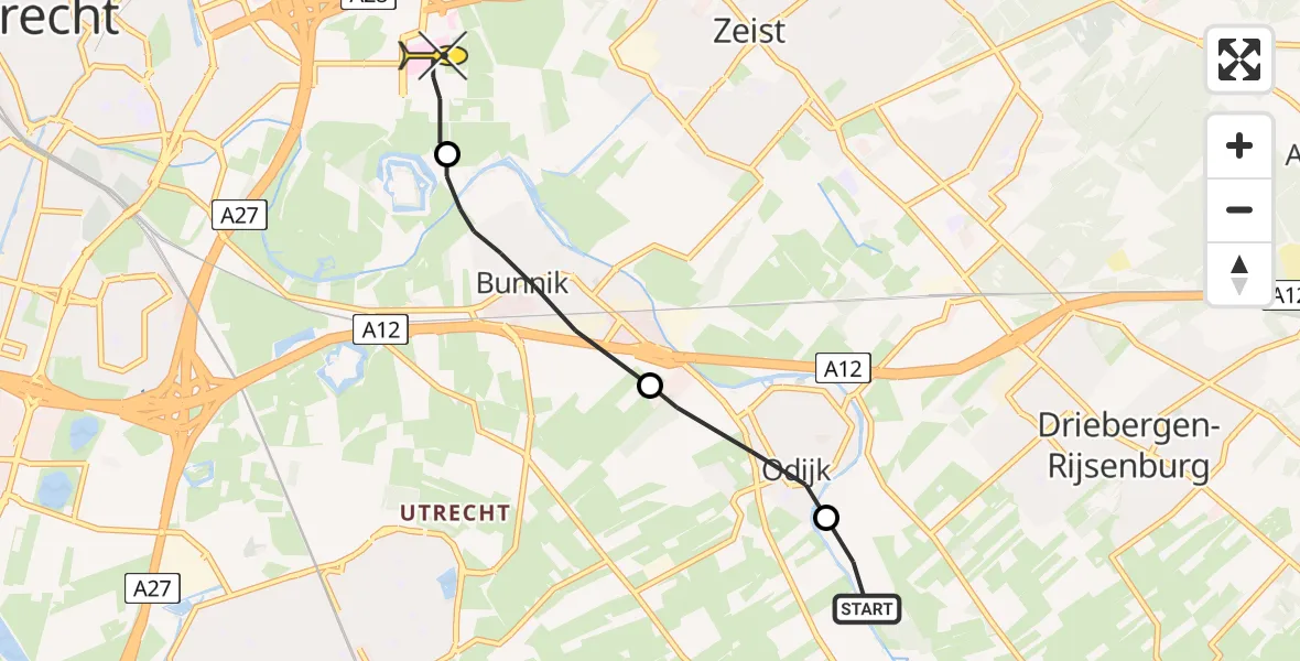 Routekaart van de vlucht: Lifeliner 3 naar Universitair Medisch Centrum Utrecht