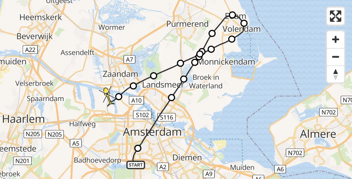 Routekaart van de vlucht: Lifeliner 1 naar Amsterdam Heliport