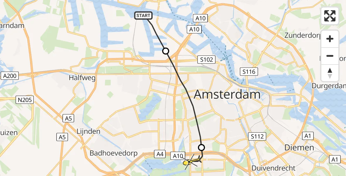 Routekaart van de vlucht: Lifeliner 1 naar VU Medisch Centrum Amsterdam