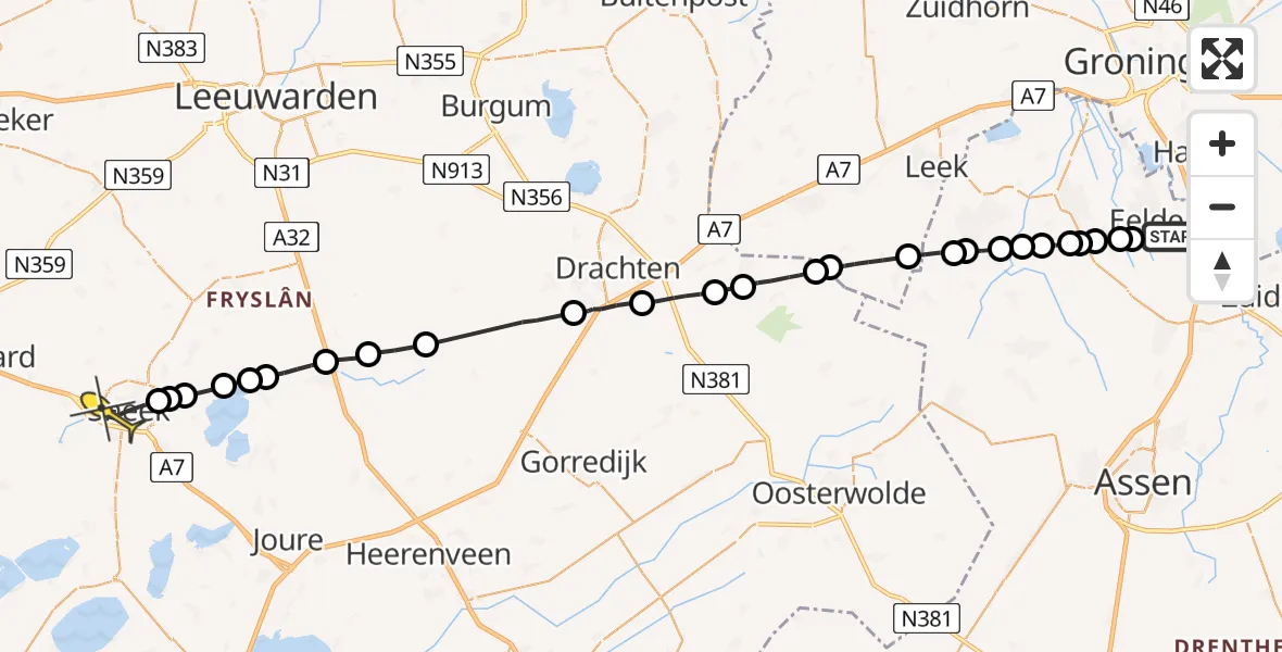 Routekaart van de vlucht: Lifeliner 4 naar Sneek