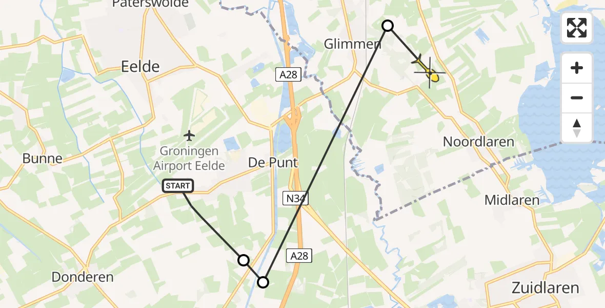 Routekaart van de vlucht: Politieheli naar Noordlaren