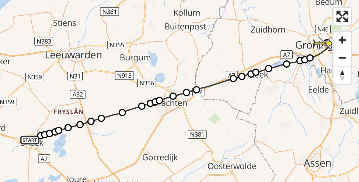 Routekaart van de vlucht: Lifeliner 4 naar Universitair Medisch Centrum Groningen