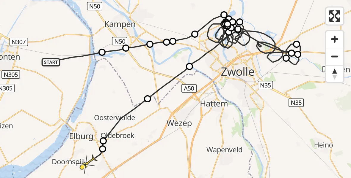 Routekaart van de vlucht: Politieheli naar 't Harde