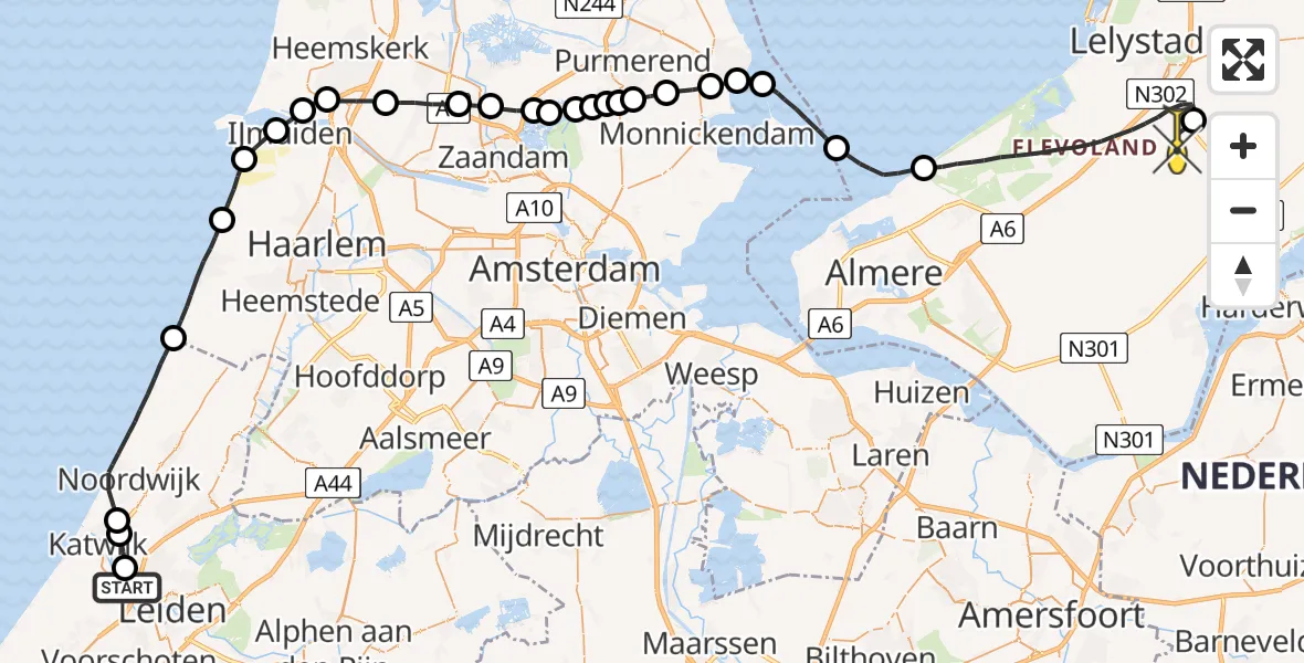 Routekaart van de vlucht: Traumaheli naar Lelystad Airport