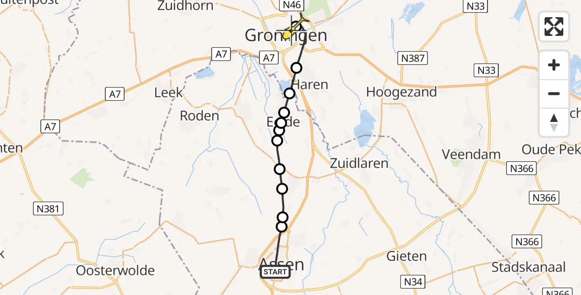 Routekaart van de vlucht: Lifeliner 4 naar Universitair Medisch Centrum Groningen