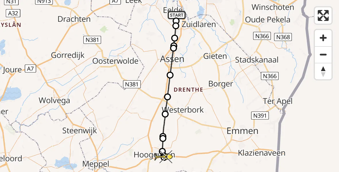 Routekaart van de vlucht: Lifeliner 4 naar Hoogeveen