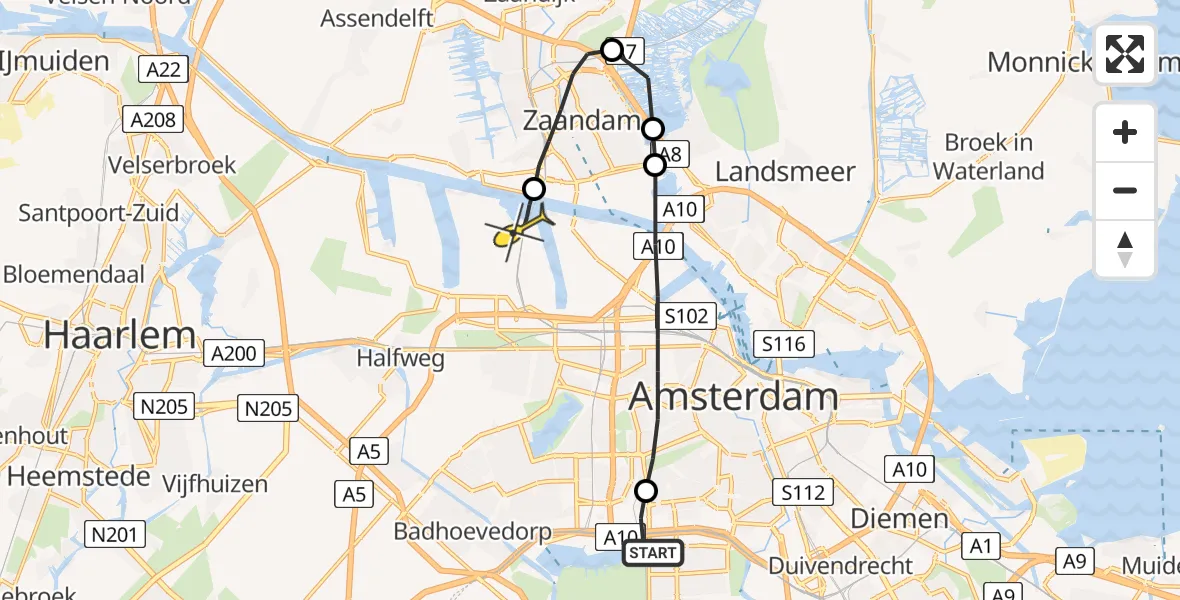 Routekaart van de vlucht: Lifeliner 1 naar Amsterdam Heliport