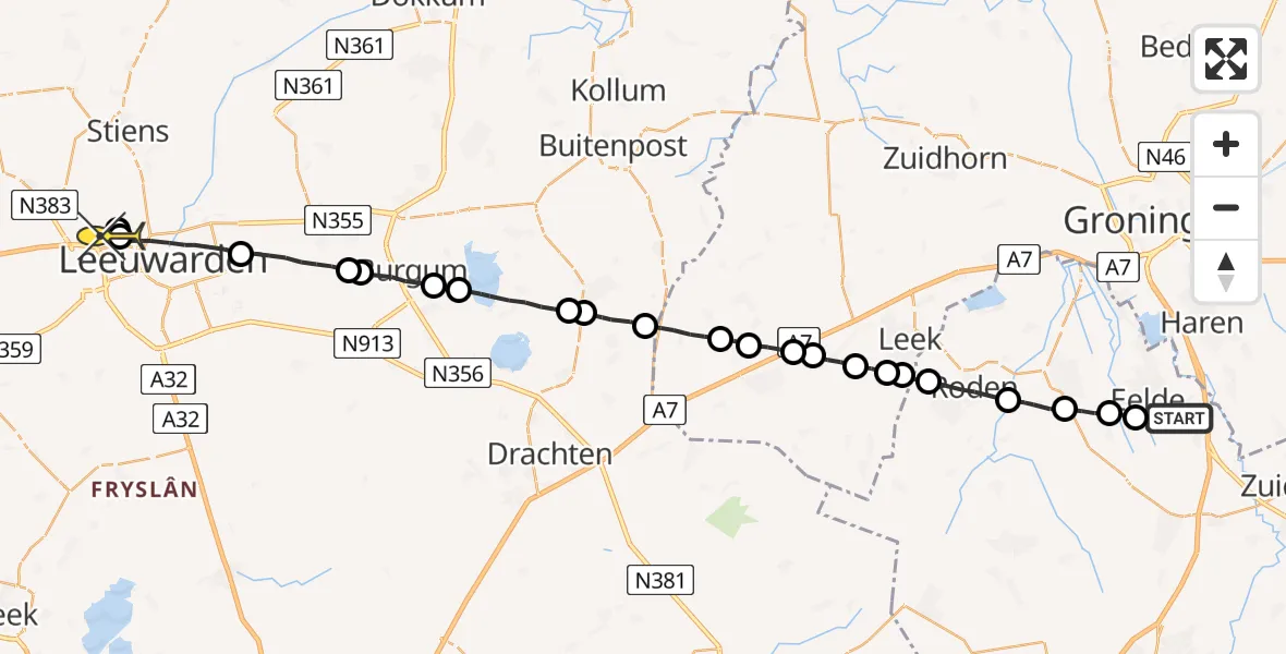 Routekaart van de vlucht: Lifeliner 4 naar Leeuwarden